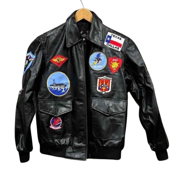 Top Gun Real Leather Black Bomber Jacket W/ Patches Men’s Size Large Coat NWT - Picture 2 of 11